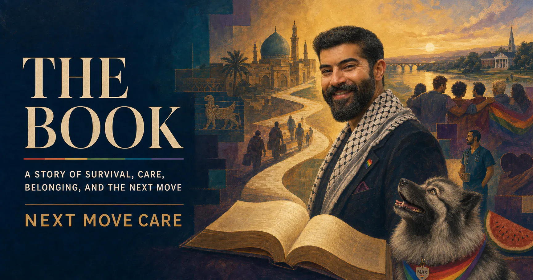 Conceptual book artwork connecting Ali, Baghdad, Richmond, caregiving, and belonging