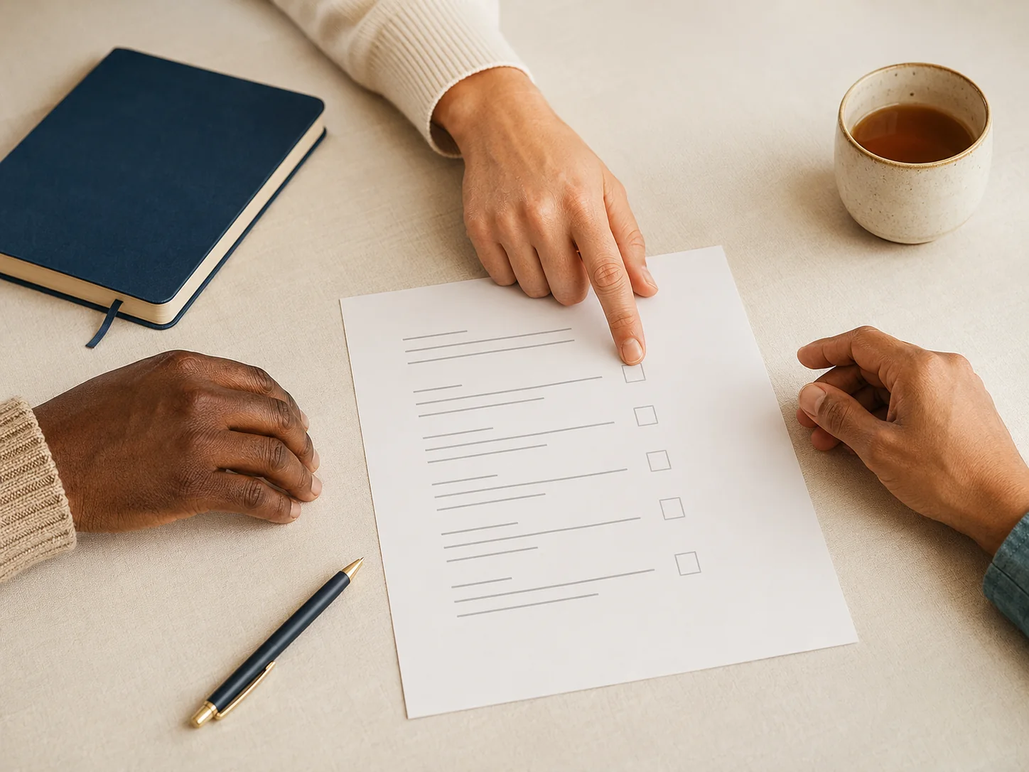 Three people with different skin tones collaborate over a care-planning checklist