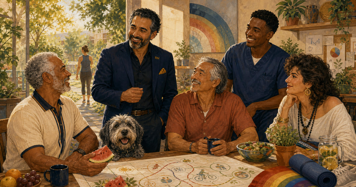 Editorial painting of Ali, older adults, a younger healthcare professional, a woman, and a dog gathered around a whole-person care plan in a sunny room